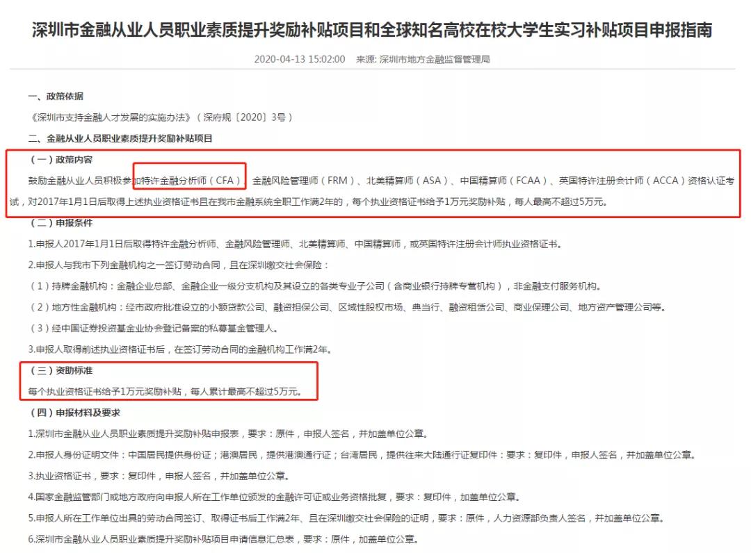 深證cfa持證人金融人才獎勵申請指南